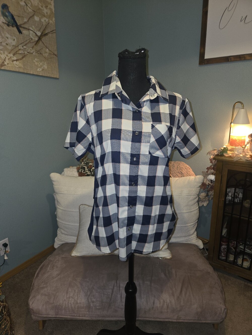 NWT Club Ride Apparel Navy and White Plaid Short-Sleeve Button-Up Shirt